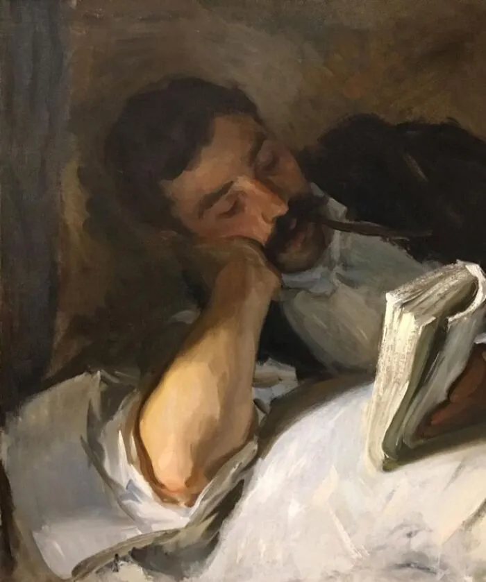 Man with a mustache reading, depicted in a classic watercolor painting style by one of the masters.