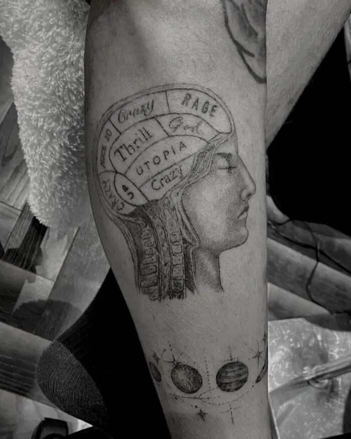 Celebrity tattoo featuring a phrenology head with words and planetary symbols on a leg.
