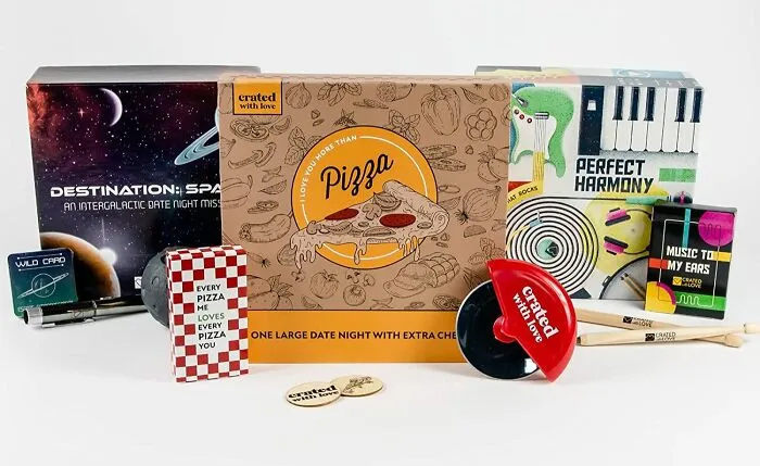 Valentine's Day gifts including a pizza-themed date box, music set, and space adventure kit, designed to evoke love and affection.