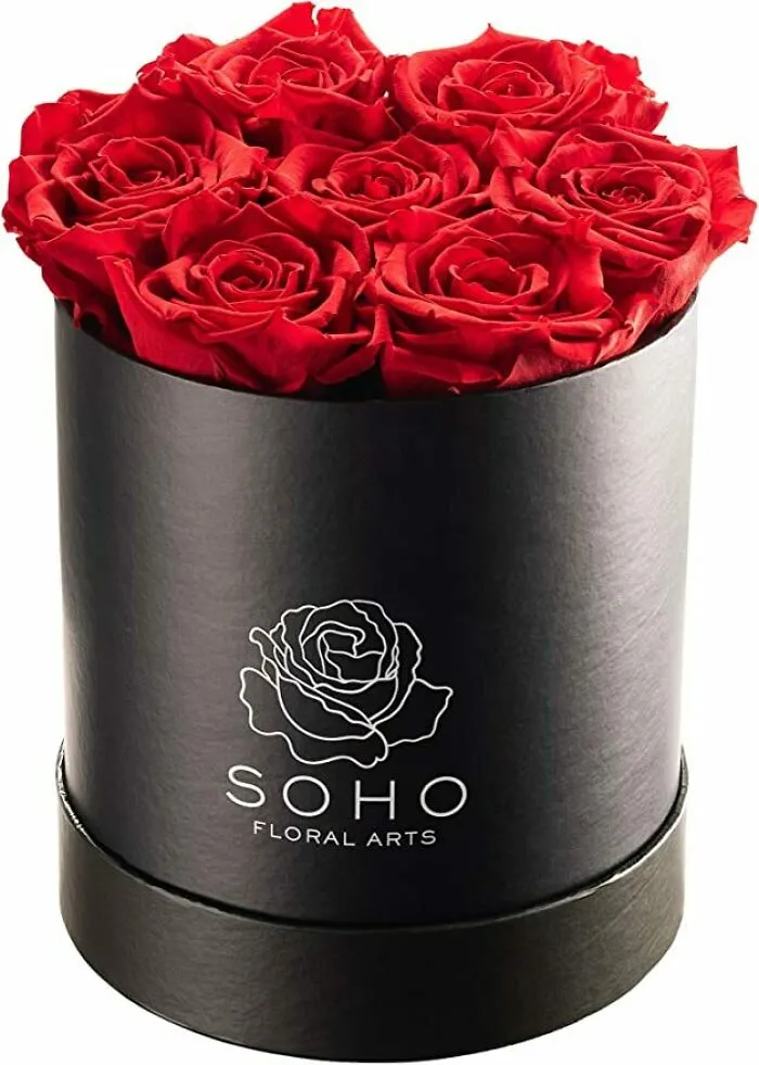 Elegant Valentine's Day gift box with red roses by Soho Floral Arts.