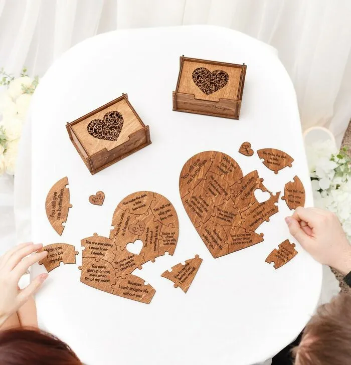Heart-shaped wooden puzzle with romantic messages, perfect Valentine's Day gift for expressing love and affection.