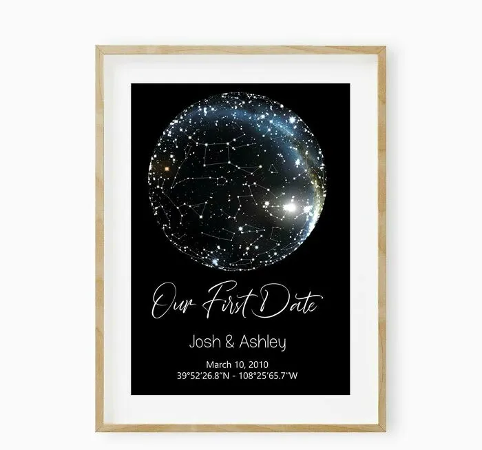 Custom star map print titled "Our First Date" in a wooden frame, personalized for Valentine's Day gifts.