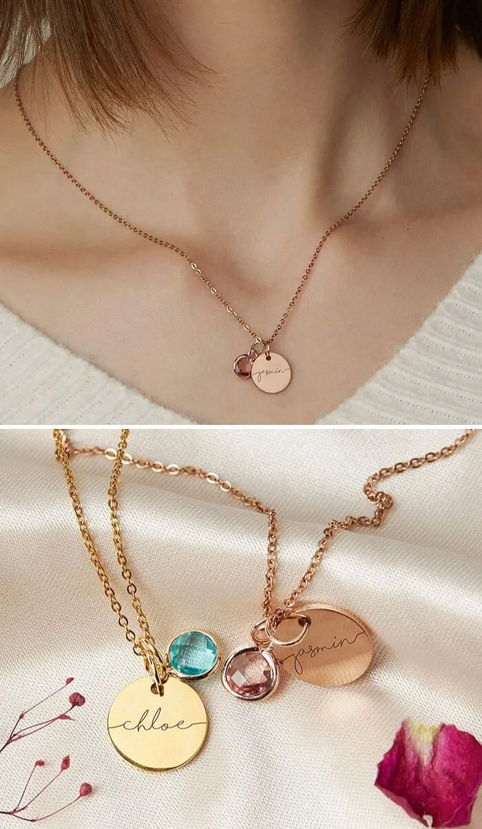 Personalized necklaces with engraved charms and colorful gemstones, perfect Valentine's Day gifts to express love and affection.