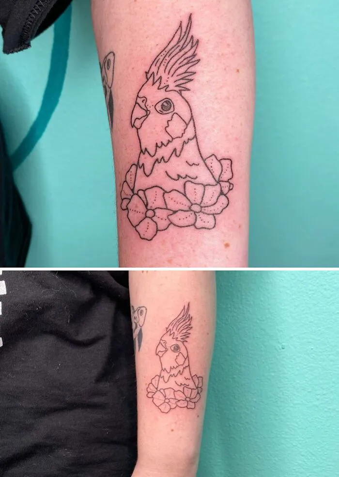 Pet tattoo of a bird surrounded by flowers on an arm, highlighting the bond between humans and their pets.