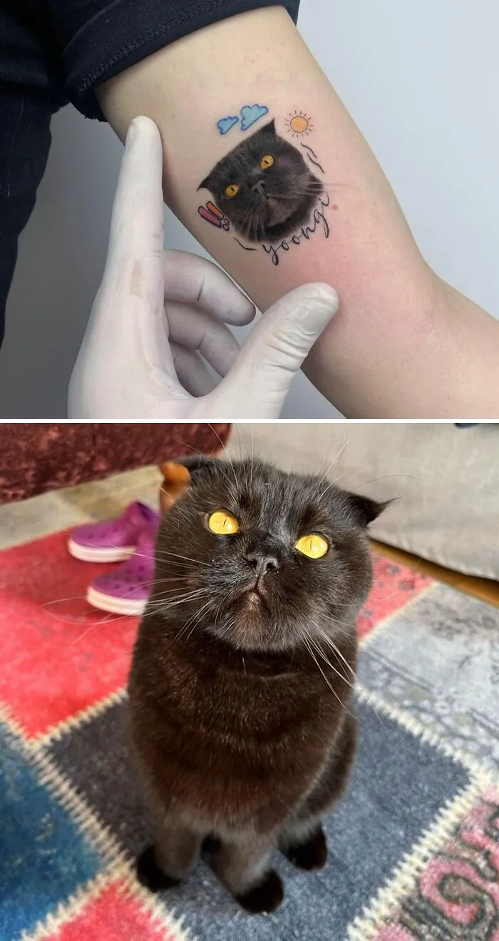 Pet tattoo showcasing a black cat's face with bright yellow eyes, accompanied by clouds and sun designs.