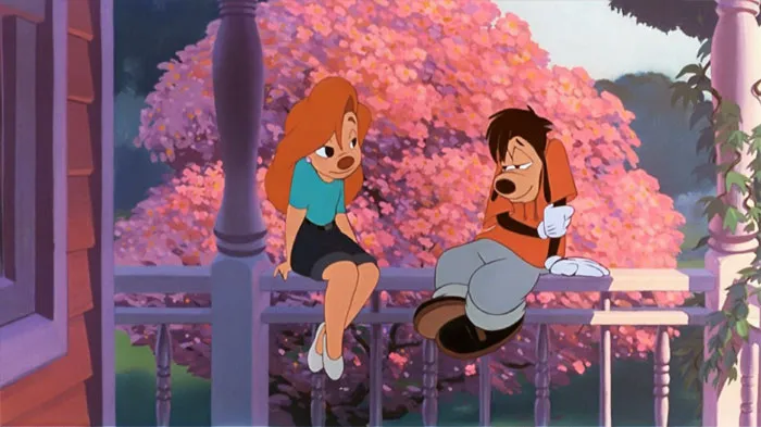 Two cartoon dogs seated on a porch railing, surrounded by blooming pink flowers, embodying cartoon couple love.