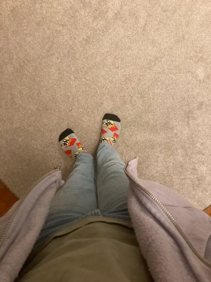 Purple Hoodie, Green Shirt, Doggo Socks