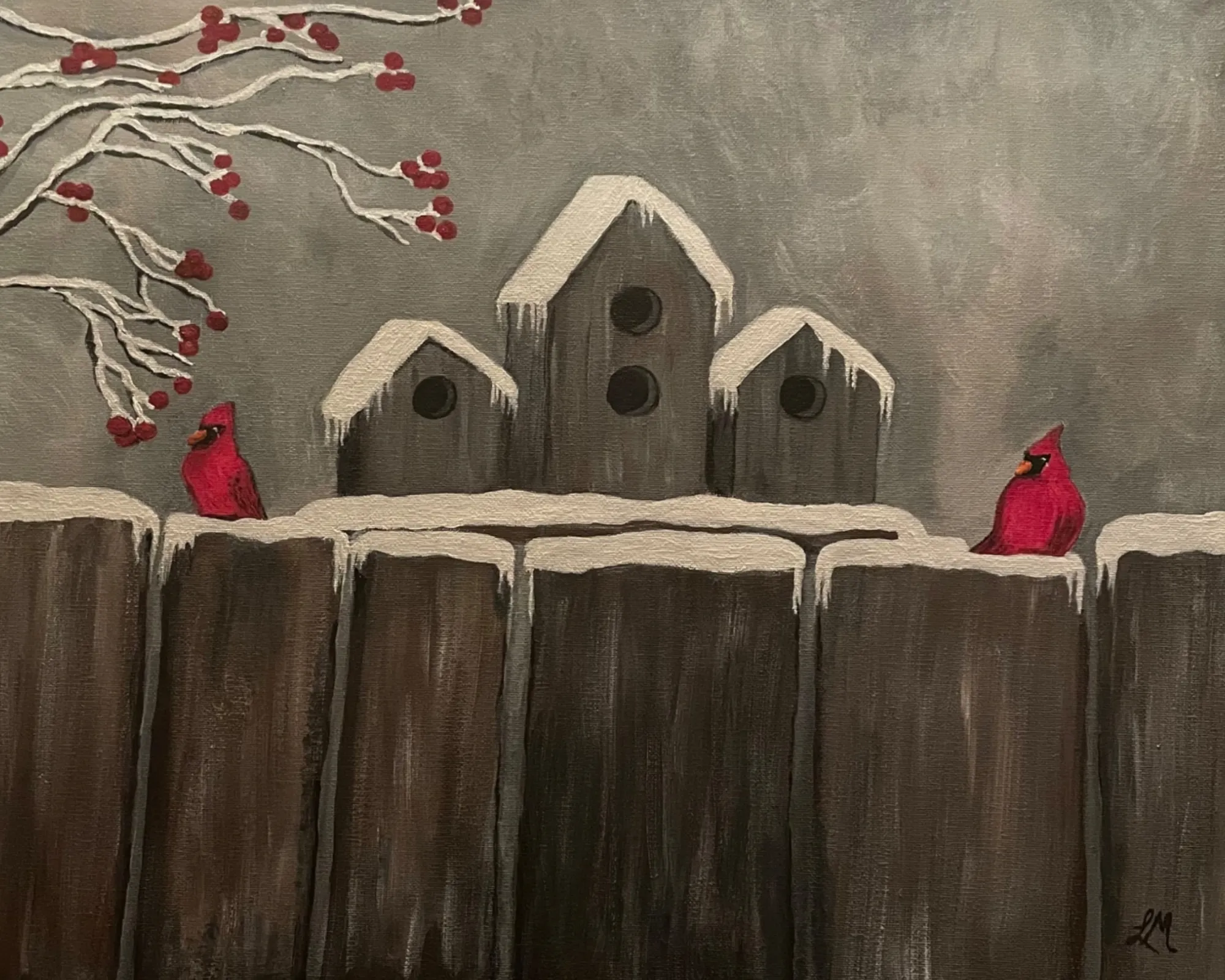 New Art! “Winter Birds”acrylic Painting By Canadian Artist Lise Marie