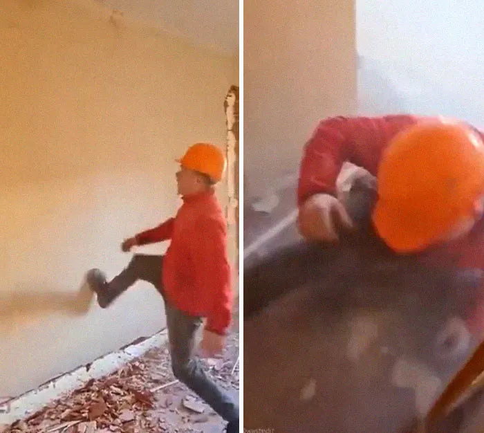 Le dio una patada al muro y se le cayó encima