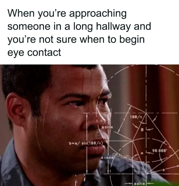 A man with sweat on his face and mathematical diagrams, illustrating social anxiety in a humorous way.