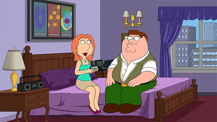 Cartoon couple sitting on a bed, chatting in a cozy purple bedroom with city views outside the window.