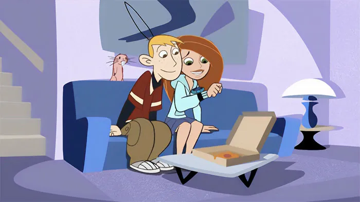Cartoon couple sitting on a couch with a box of pizza, expressing sweet love in a cozy living room.