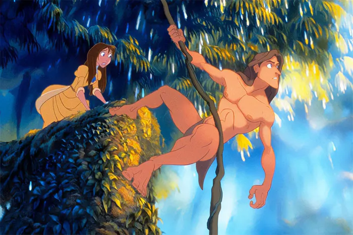 Cartoon couple in jungle scene, swinging on vine and standing on greenery, showcasing a sweet love adventure.