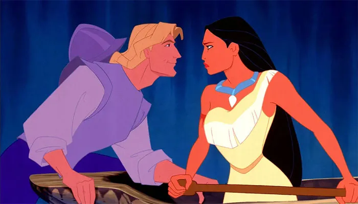 Cartoon couple in a boat, gazing into each other's eyes against a blue background.
