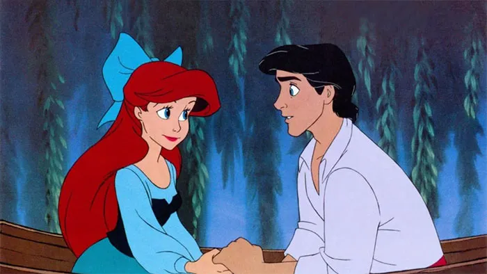 Cartoon couple in a boat holding hands, surrounded by nature, depicting love.