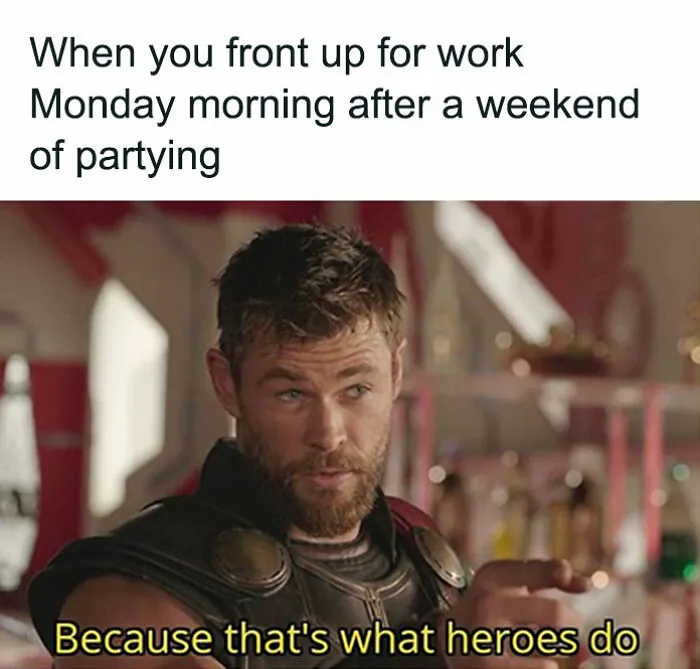 Actor in superhero costume nodding with text about work after weekend, illustrating a typical HR meme.