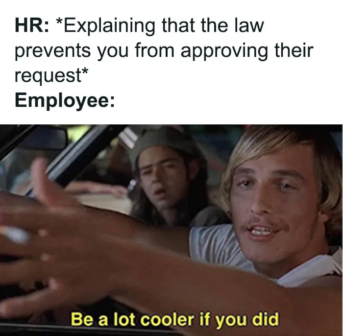 HR meme with a person in a car saying, "Be a lot cooler if you did," humorously responding to HR protocol.