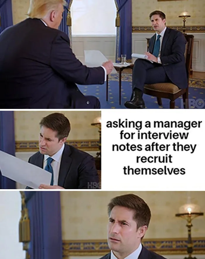 Two men in a room; one looks confused, with text about a typical HR person dealing with self-recruiting managers.