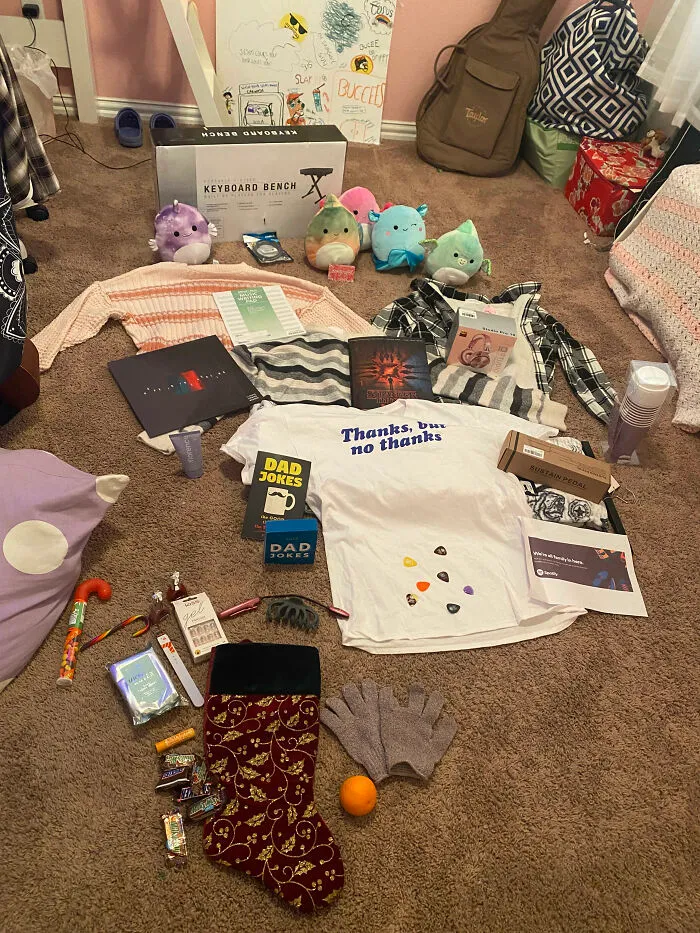 Lots Of Music Stuff Including Spotify Premium And A Sustain Pedal For My Electric Keyboard, Two Flannels And Two Sweaters, A Record, And A Bunch Of Squishmallows From My Older Brother