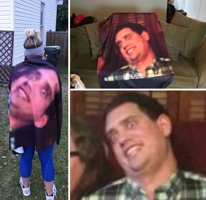 My Wife Hates This Picture Of Me, So Naturally I Made It Into A Blanket For Her As A Valentine’s Gift