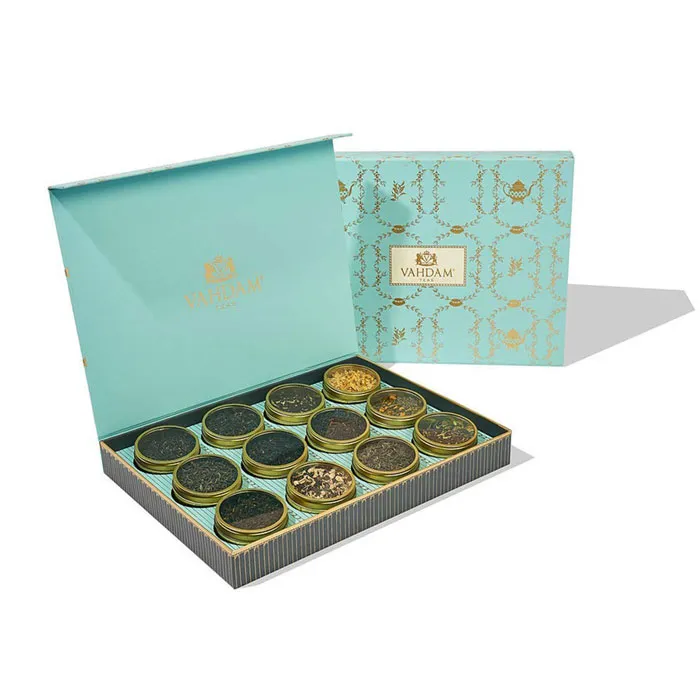 Gift set with assorted teas, featuring a luxurious turquoise box, ideal for expressing love and affection.