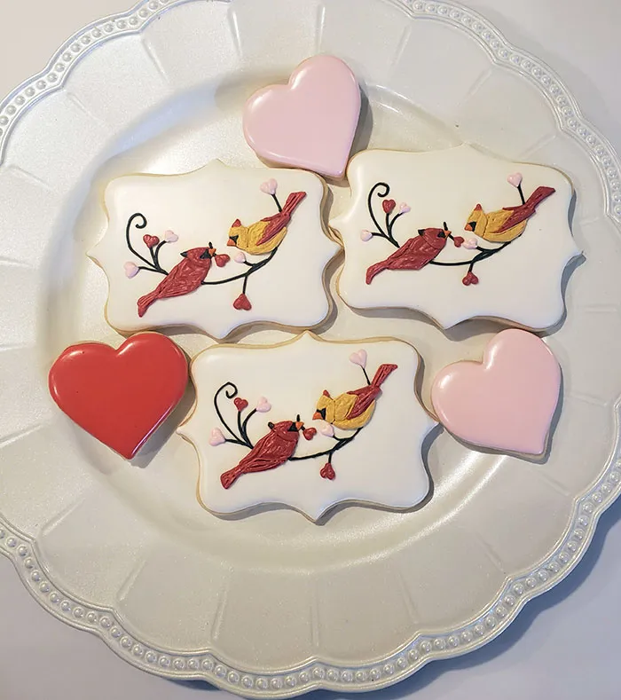 Cardinal Valentine's Sugar Cookies I Made For My Aunt. I Really Like The Effect Of Layering The Royal Icing, So They Look A Bit More 3D