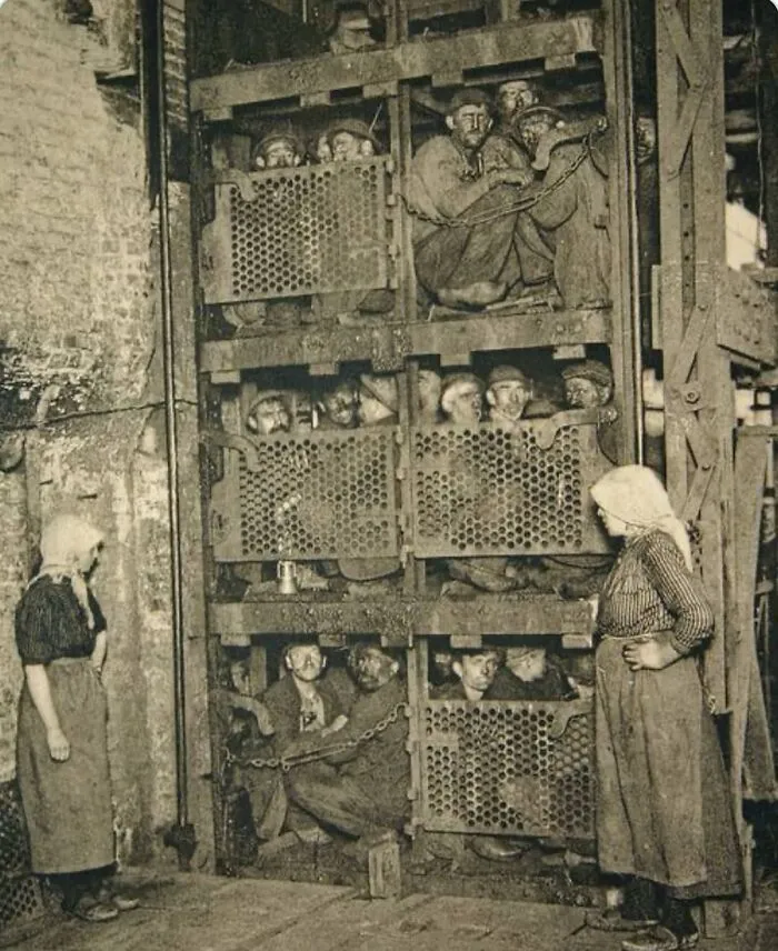 Belgium Coal Miners Crammed Into A Coal Mine Elevator, Coming Up After A Day Of Work, Circa 1900