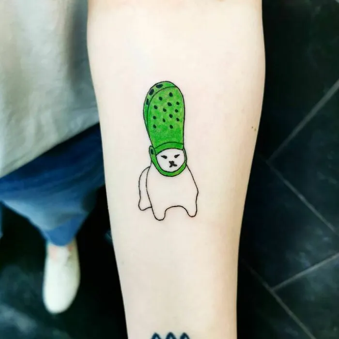 Funny Cat With Crocs On Head Tattoo