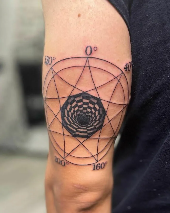 Optical illusion tattoo with geometric and checkered design on an arm.