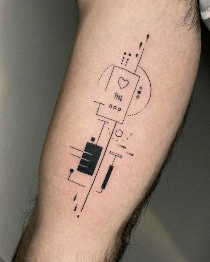 Minimalist tattoo with geometric and abstract elements on forearm, showcasing an aesthetically pleasing design.