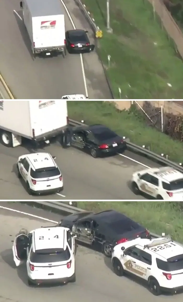 Trying To Squeeze Past A Truck While Being Chased By The Cops