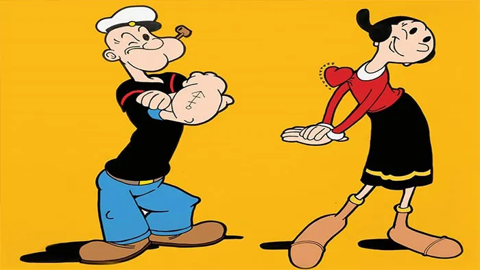 Cartoon couple with sailor and woman in red dress, animated love and charm.