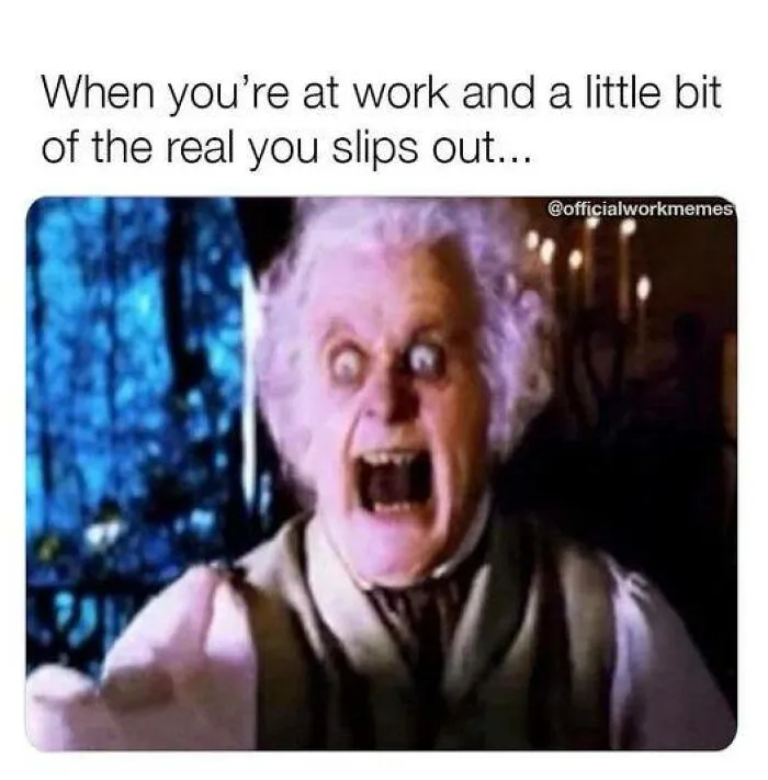 Eccentric character from a work week meme, wide-eyed and shouting, humorously depicting work stress.