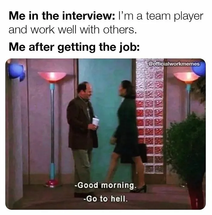 Image of a work week meme showing a humorous exchange between two office colleagues in a hallway.