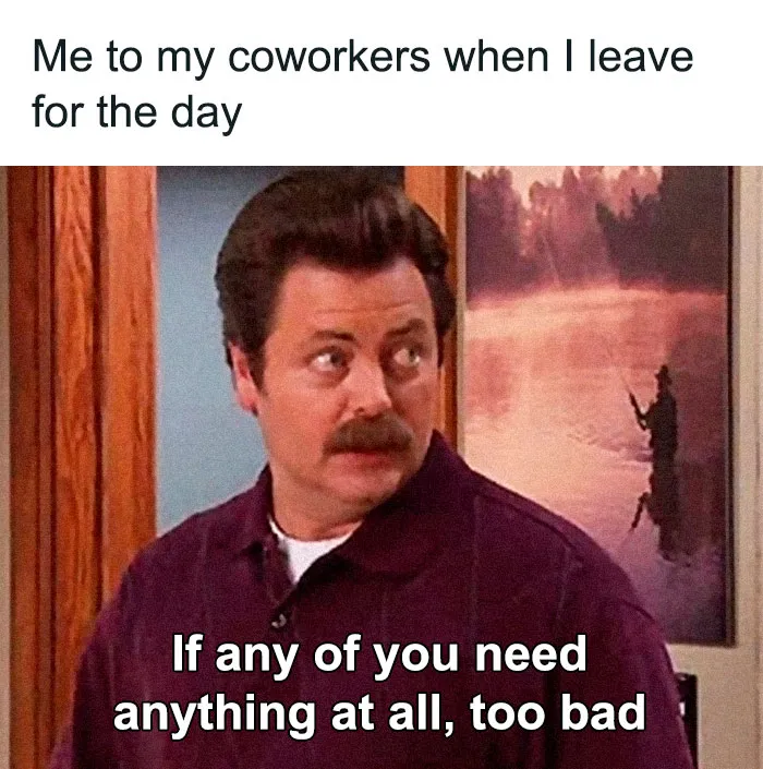 Man in a maroon shirt with text overlay about leaving work, captioned for humorous work week memes.