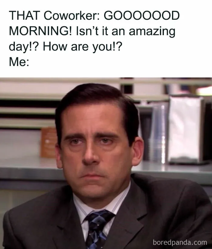 "Man with expressionless face sitting at desk in office, representing work week meme humor."