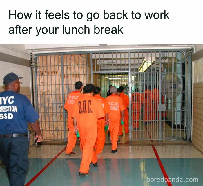 Workers in orange uniforms resembling prisoners, heading back to work after lunch break, humorously depicting work week struggles.