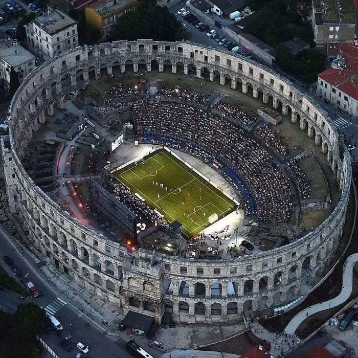 Football Match Played In 2000-Year-Old Roman Arena In Pula, Croatia