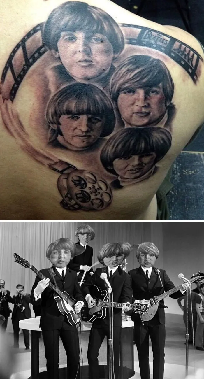 Terrible tattoo of a famous band on a person's back, compared to the original photo of the band performing on stage.