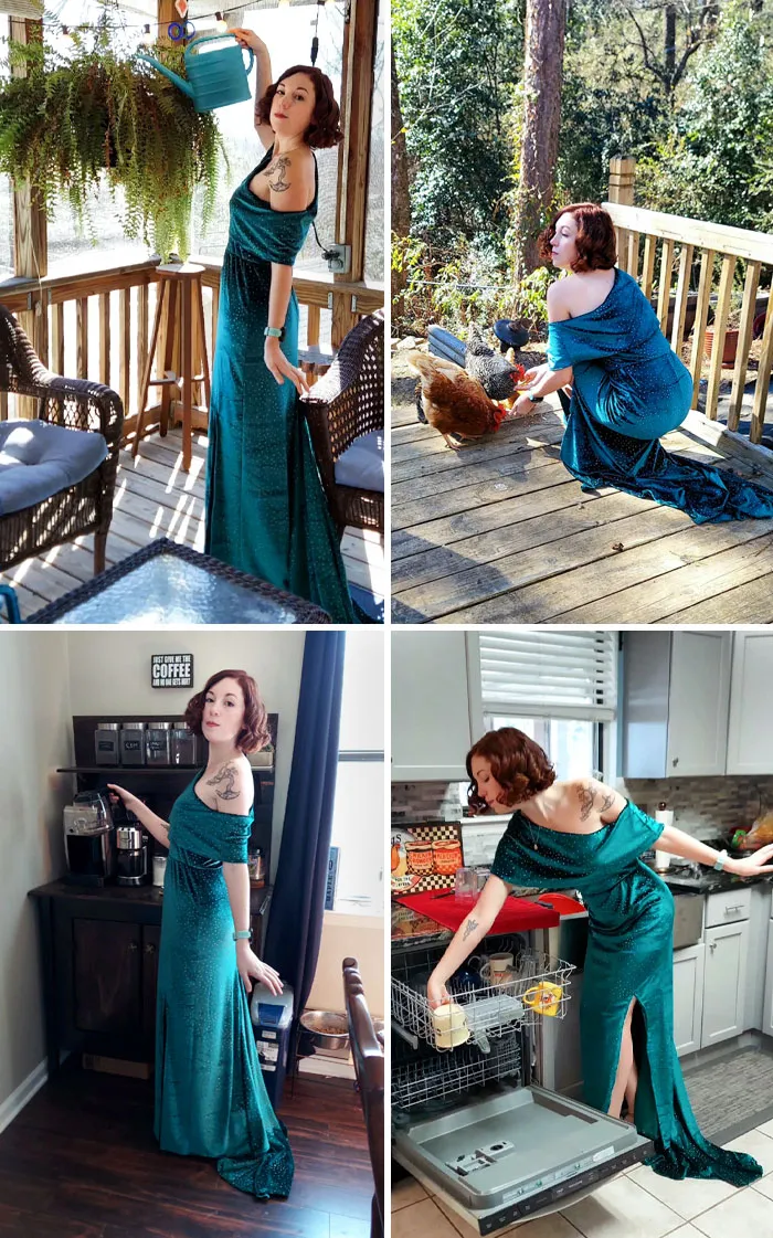 This Is What Happens When Your Fancy Event Gets Canceled. Chores In An Evening Gown