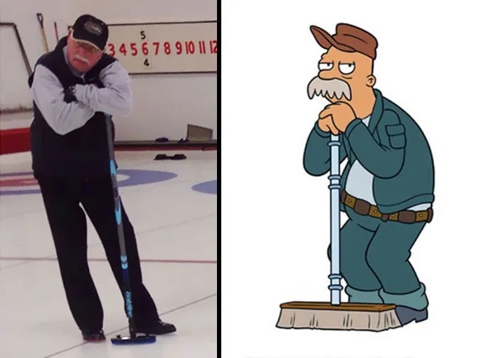 Scruffy and similar looking man with a broom on ice 