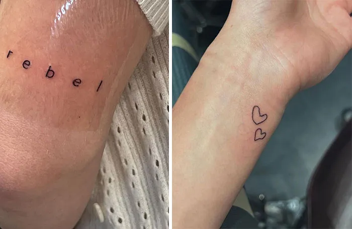 Celebrity tattoos featuring the word "rebel" and two heart outlines on forearms.