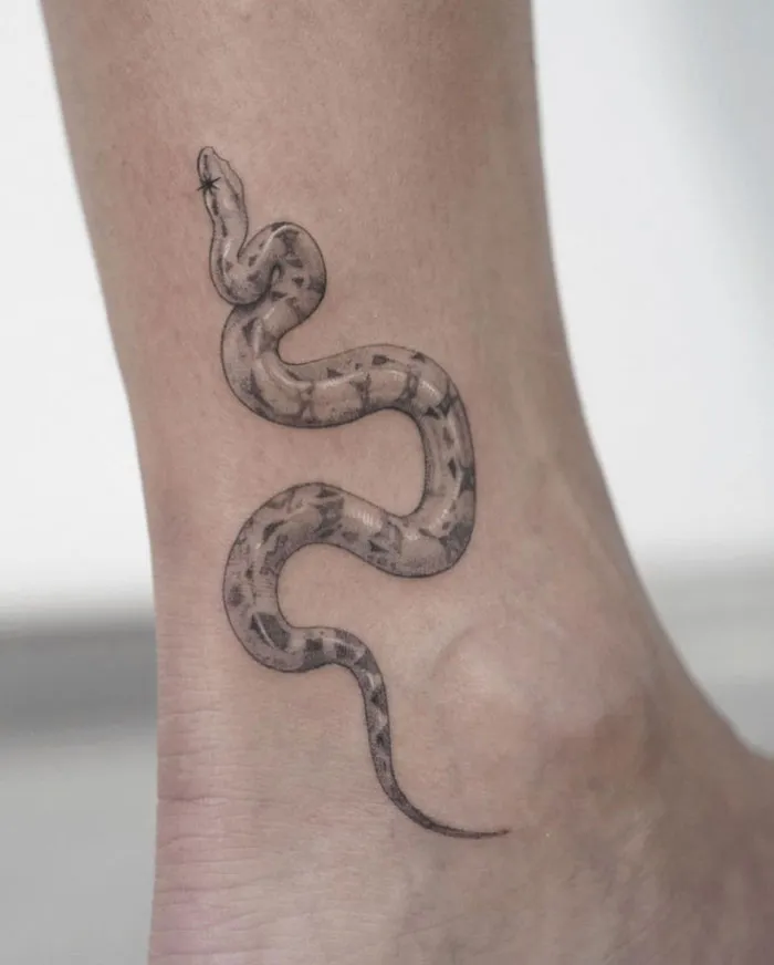 Snake tattoo on ankle of a celebrity, showing intricate details and shading, part of a collection of celebrity tattoos.