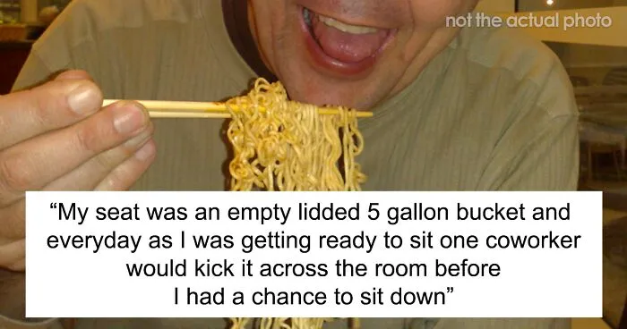 Man Is Fed Up With Coworker Kicking The Bucket He Sits On Out From Under His Butt, Fills It With Nuts And Bolts, Cuts The Bottom Off, And Observes The Chaos