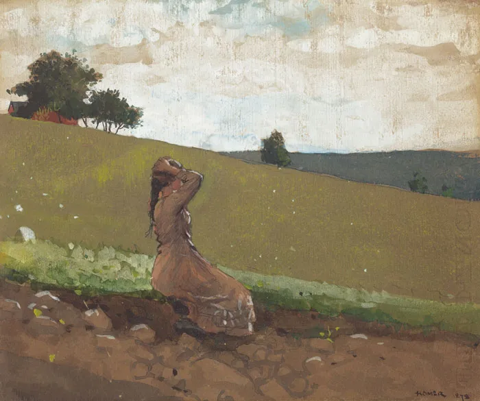 Woman in a field under a cloudy sky, depicted in a famous watercolor painting by a master of the medium.