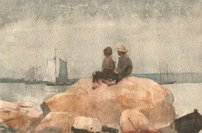Two figures sitting on rocks by the sea, watching sailboats, showcasing watercolor painting techniques.