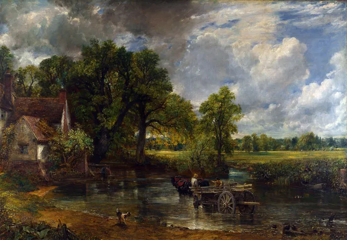 Scenic landscape watercolor painting with trees, a river, a cottage, and a horse-drawn cart crossing the water.