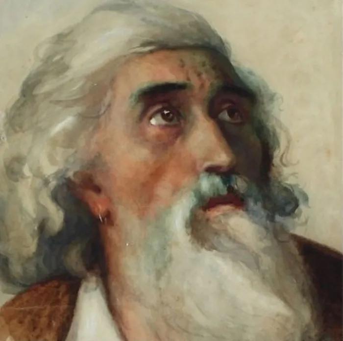 Portrait of a bearded man gazing upwards, illustrating masterful watercolor techniques and artistry.