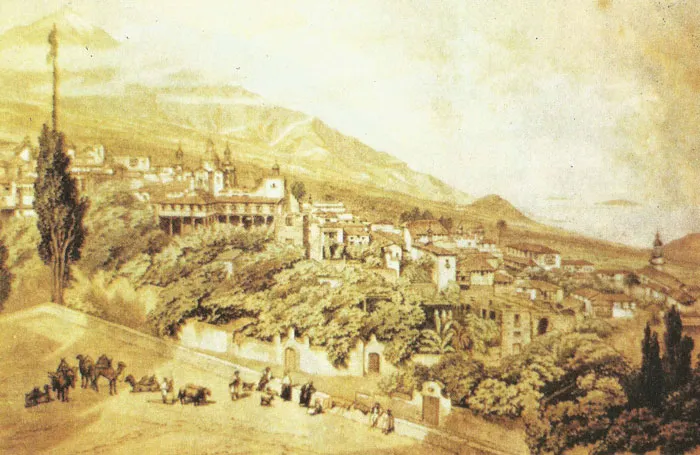 Historic watercolor painting depicting a detailed landscape with buildings and hills in the background.