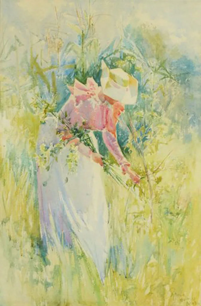 A watercolor painting of a woman in a pink dress and hat picking flowers in a lush, grassy field.
